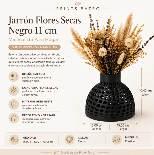 JARRON FLORES SECAS NEGRO 11 CM MINIMALISTA PARA HOGAR - 2