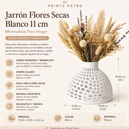JARRON FLORES SECAS BLANCO 11 CM MINIMALISTA PARA HOGAR - 2