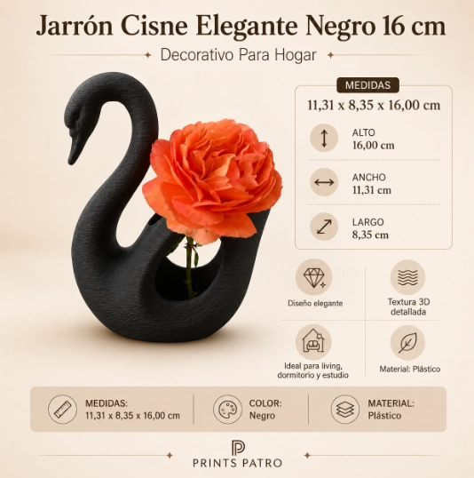 JARRON CISNE ELEGANTE NEGRO 16 CM DECORATIVO PARA HOGAR - 2