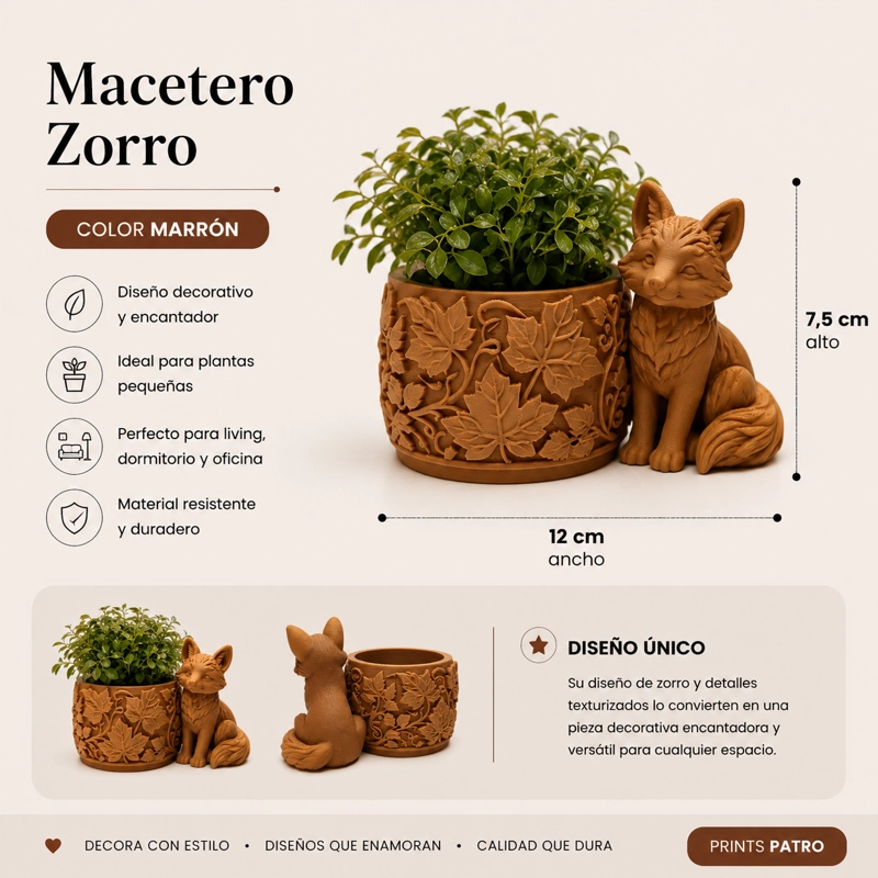 MACETERO DECORATIVO HOGAR- FORMA ZORRO 7,5 CM MARRON - 2