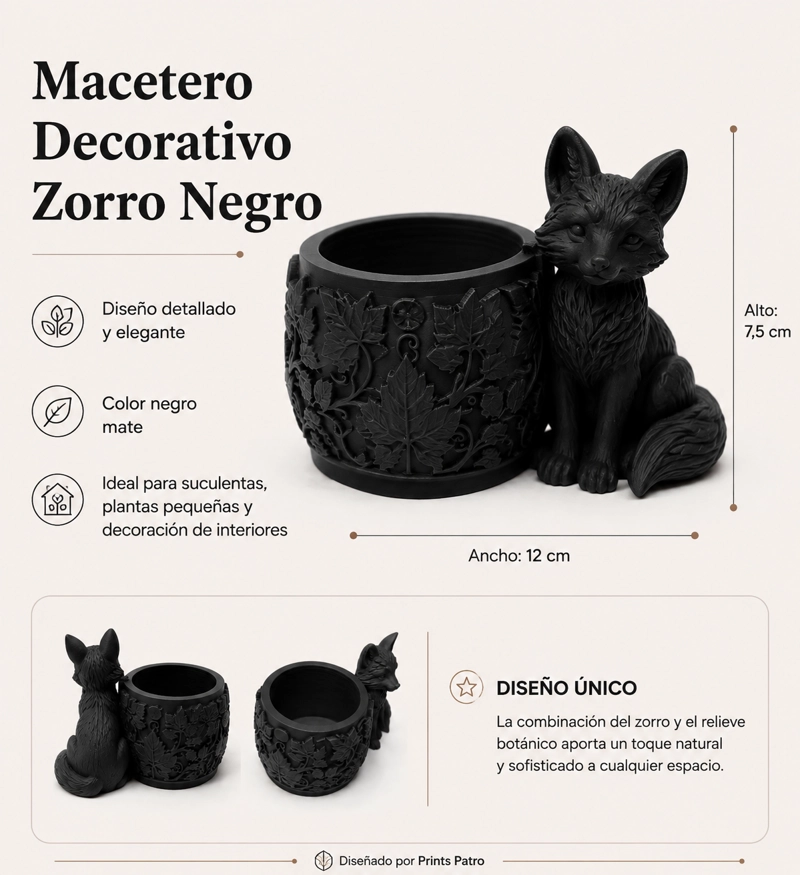 MACETERO DECORATIVO HOGAR- FORMA ZORRO 7,5 CM NEGRO - 2