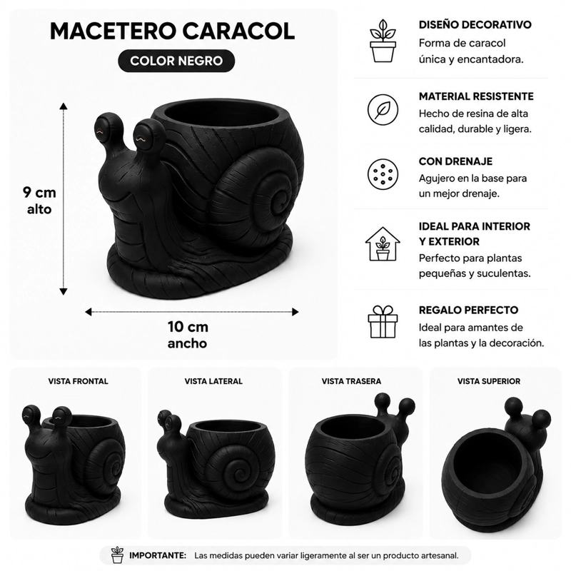 MACETERO DECORATIVO HOGAR- FORMA CARACOL 9 CM NEGRO - 2