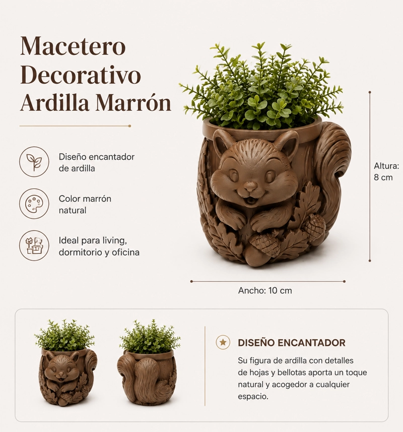 MACETERO DECORATIVO HOGAR- FORMA ARDILLA TIERNA 8 CM MARRON - 2