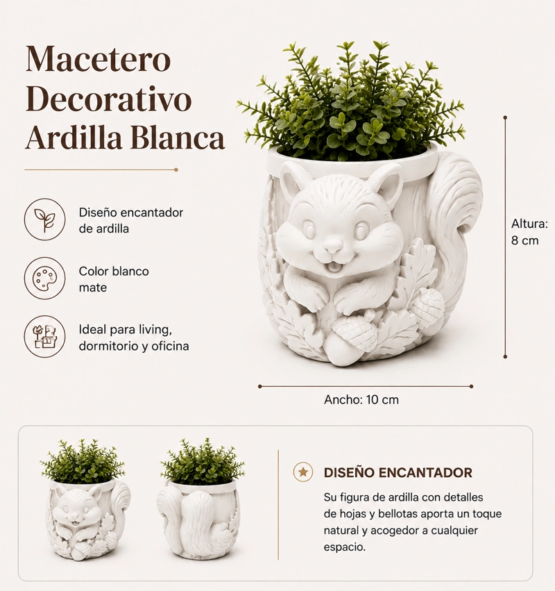 MACETERO DECORATIVO HOGAR- FORMA ARDILLA TIERNA 8 CM BLANCO - 2