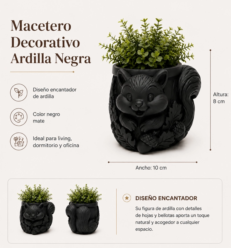 MACETERO DECORATIVO HOGAR- FORMA ARDILLA TIERNA 8 CM NEGRO - 2