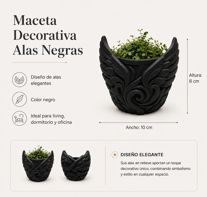 MACETERO DECORATIVO HOGAR- FORMA ALAS 9 CM NEGRAS - 2