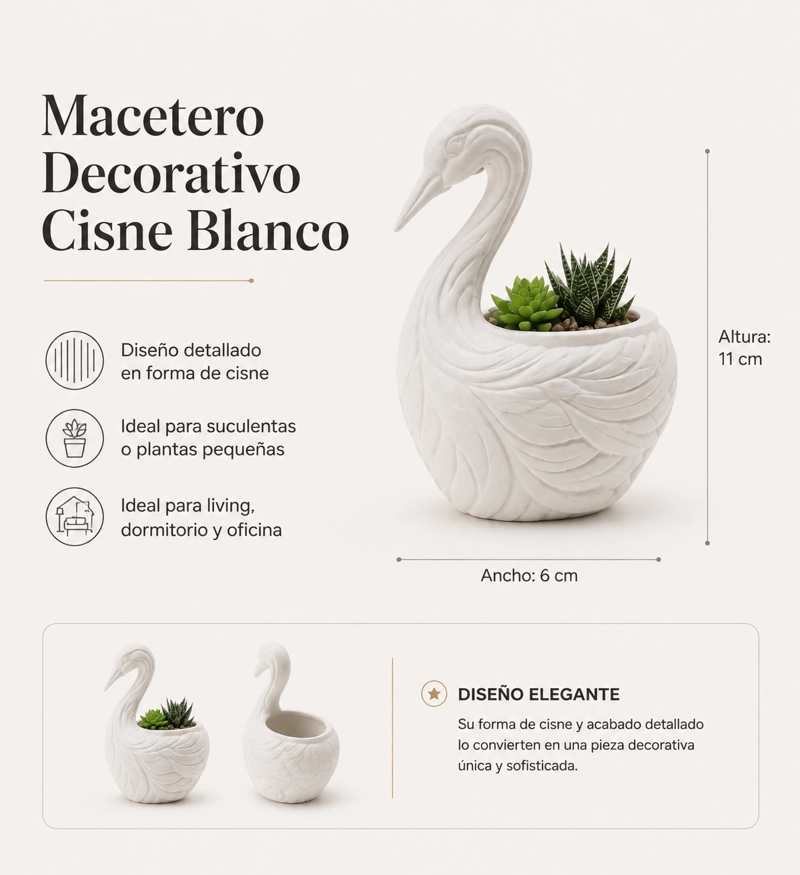 MACETERO DECORATIVO HOGAR- FORMA CISNE ELEGANTE 11 CM BLANCO - 2