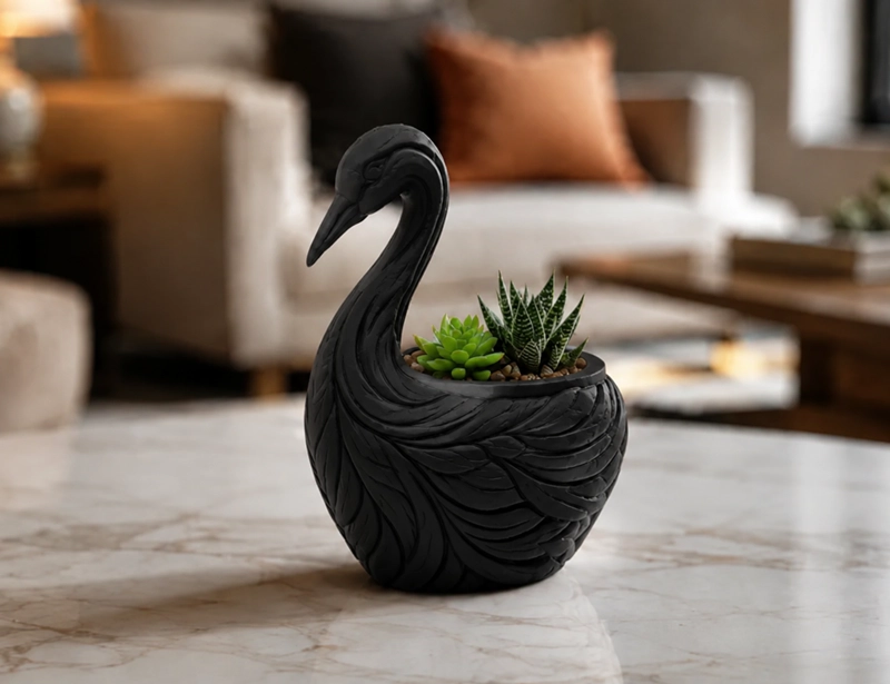 MACETERO DECORATIVO HOGAR- FORMA CISNE ELEGANTE 11 CM NEGRO - 1