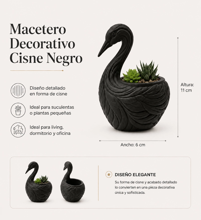 MACETERO DECORATIVO HOGAR- FORMA CISNE ELEGANTE 11 CM NEGRO - 2