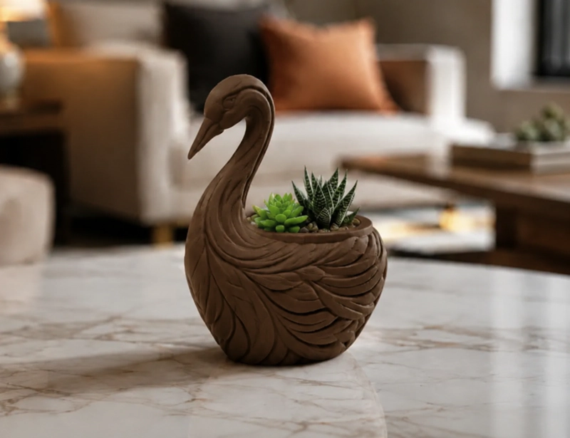 MACETERO DECORATIVO HOGAR- FORMA CISNE ELEGANTE 11 CM MARRON - 1