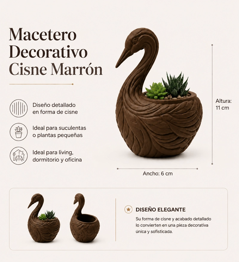 MACETERO DECORATIVO HOGAR- FORMA CISNE ELEGANTE 11 CM MARRON - 2