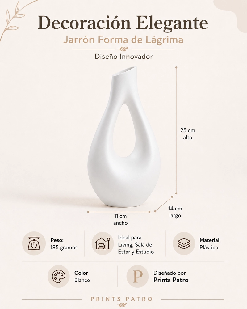 DECORACION ELEGANTE PRINTS PATRO - JARRON FORMA DE LAGRIMA BLANCO - 3