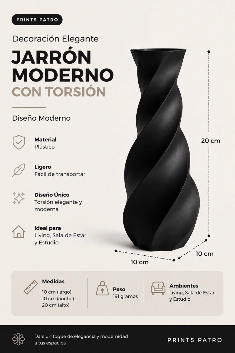 DECORACION ELEGANTE PRINTS PATRO - JARRON MODERNO CON TORSION NEGRO - 3