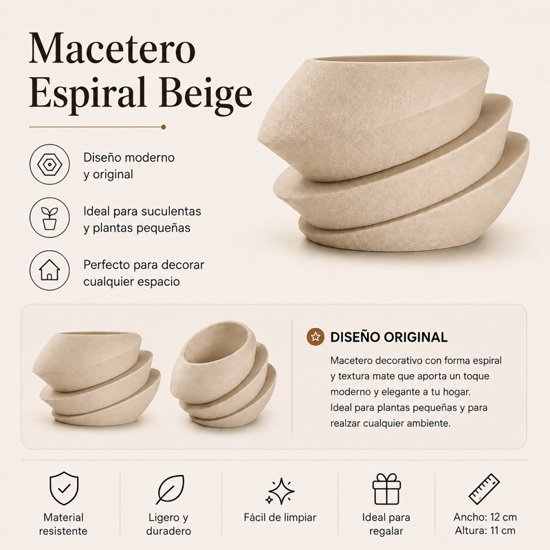 MACETERO DECORATIVO HOGAR- FORMA OVNI 11 CM BEIGE - 2