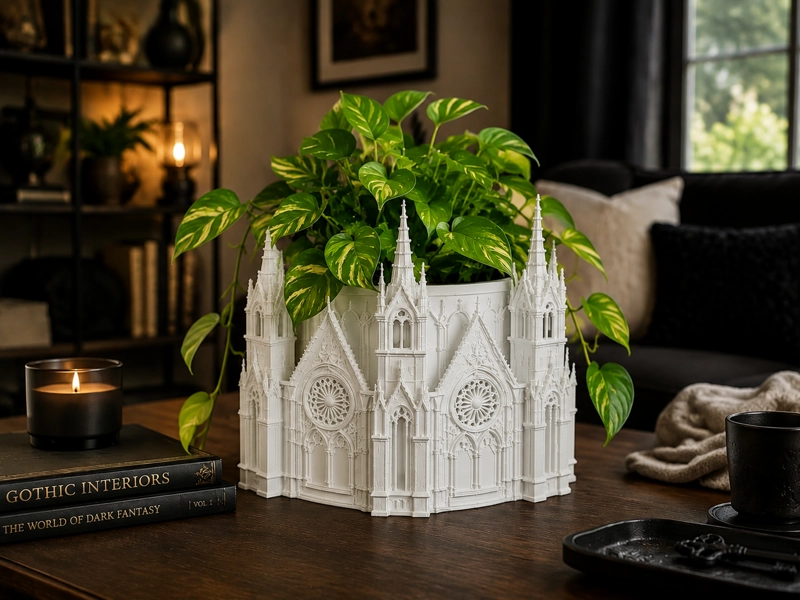MACETERO DECORATIVO HOGAR- FORMA CATEDRAL 13 CM BLANCO - 1
