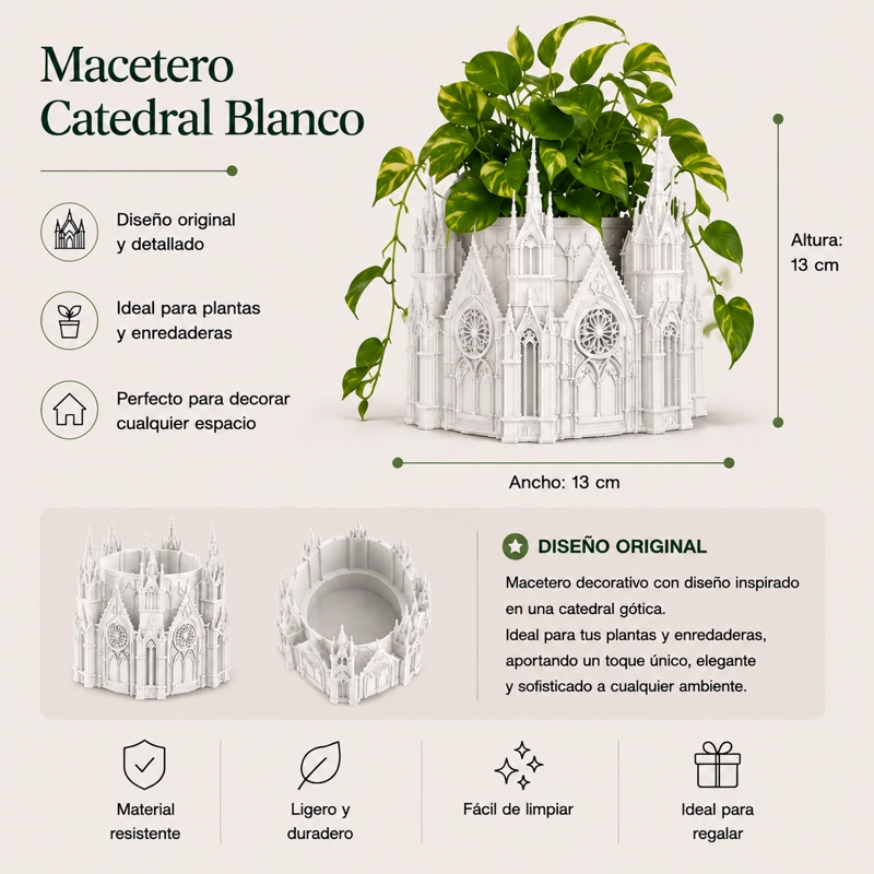 MACETERO DECORATIVO HOGAR- FORMA CATEDRAL 13 CM BLANCO - 2
