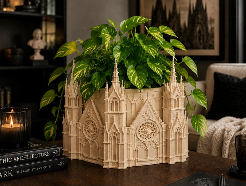 MACETERO DECORATIVO HOGAR- FORMA CATEDRAL 13 CM BEIGE - 1