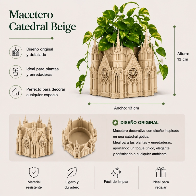 MACETERO DECORATIVO HOGAR- FORMA CATEDRAL 13 CM BEIGE - 2