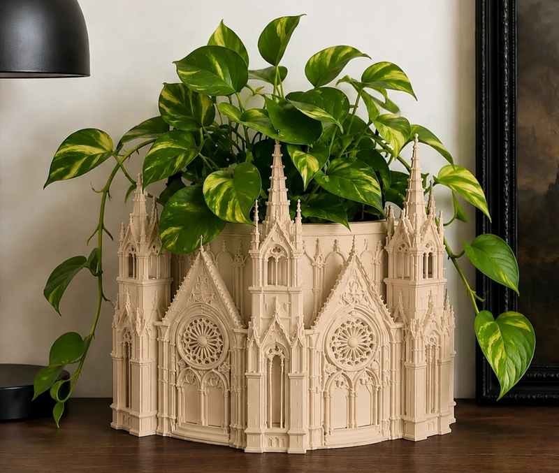 MACETERO DECORATIVO HOGAR- FORMA CATEDRAL 13 CM BEIGE - 3
