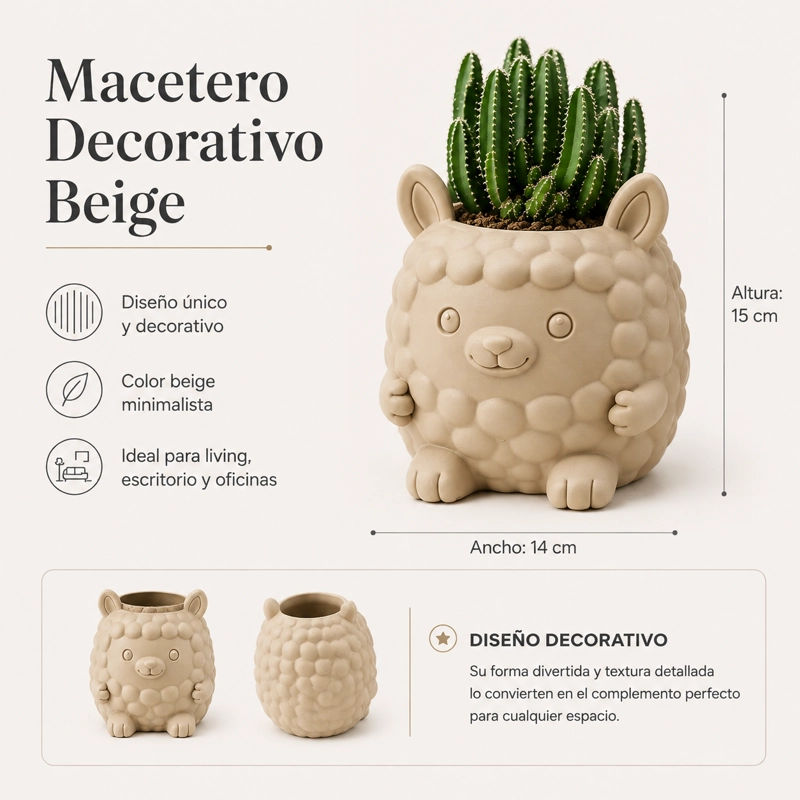 MACETERO DECORATIVO HOGAR- FORMA LLAMITA 15 CM BEIGE - 2