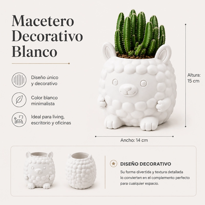 MACETERO DECORATIVO HOGAR- FORMA LLAMITA 15 CM BLANCO - 2