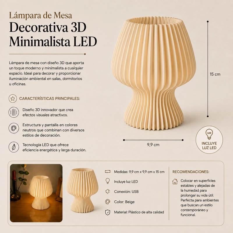 LAMPARA DE MESA DECORATIVA 3D MINIMALISTA LED BEIGE - 3