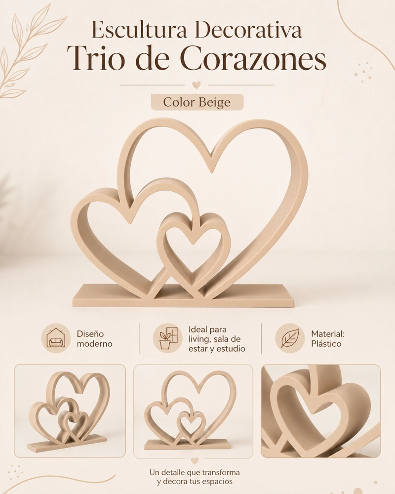 ESCULTURA ELEGANTE PRINTS PATRO - ESTILO TRIO DE CORAZONES BEIGE - 3