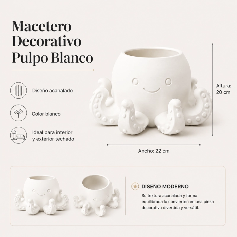 MACETERO DECORATIVO HOGAR- FORMA PULPO 22 CM BLANCO - 2