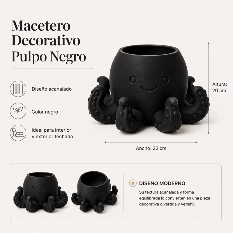 MACETERO DECORATIVO HOGAR- FORMA PULPO 22 CM NEGRO - 2