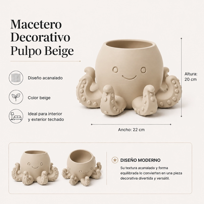 MACETERO DECORATIVO HOGAR- FORMA PULPO 22 CM BEIGE - 2