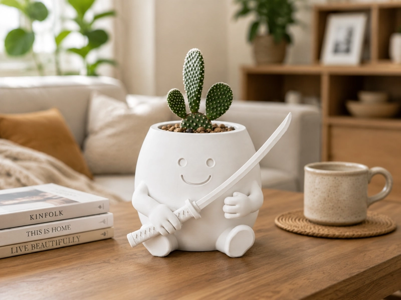 MACETERO DECORATIVO HOGAR- FORMA SAMURAI 16 CM BLANCO - 4