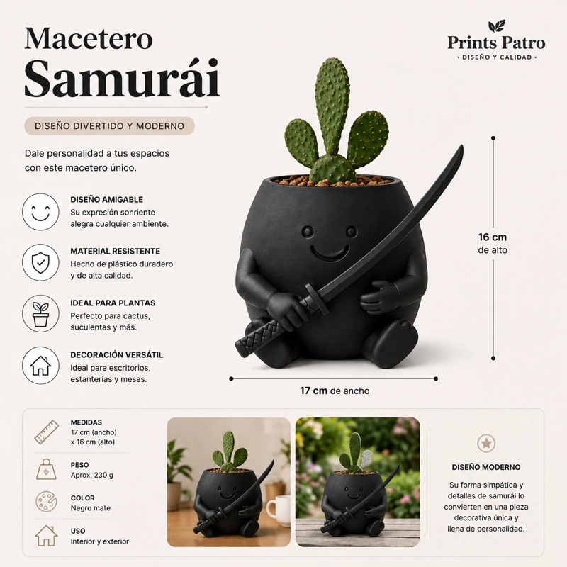 MACETERO DECORATIVO HOGAR- FORMA SAMURAI 16 CM NEGRO - 2