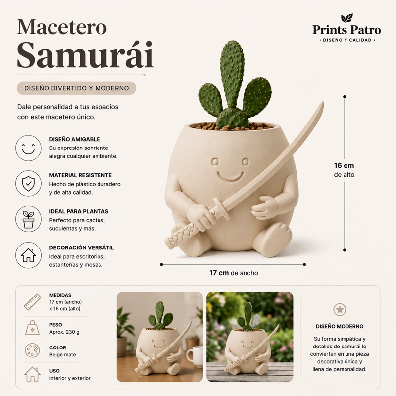 MACETERO DECORATIVO HOGAR- FORMA SAMURAI 16 CM BEIGE - 2