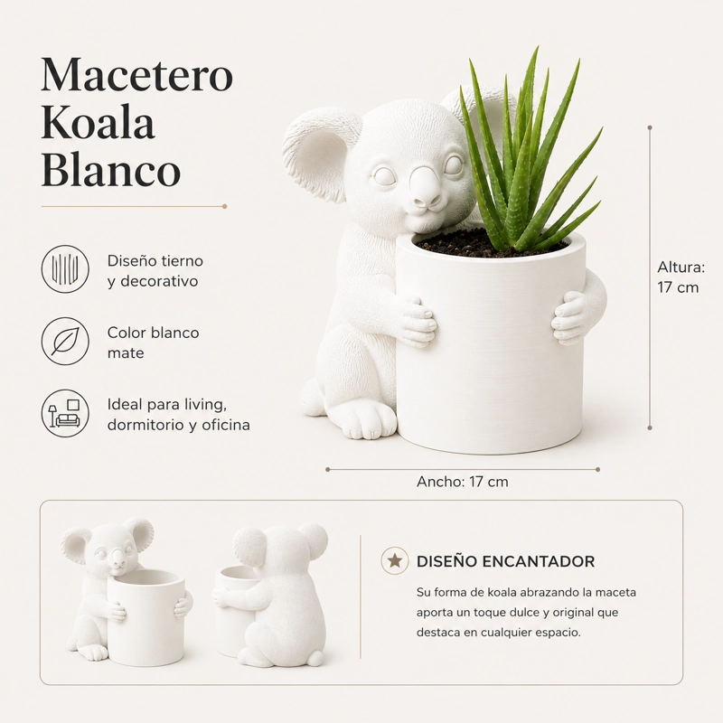 MACETERO DECORATIVO HOGAR- FORMA KOALA 17 CM BLANCO - 2