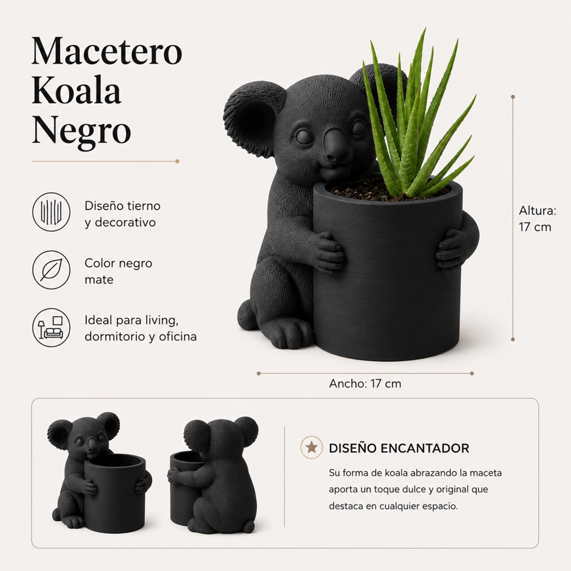 MACETERO DECORATIVO HOGAR- FORMA KOALA 17 CM NEGRO - 2