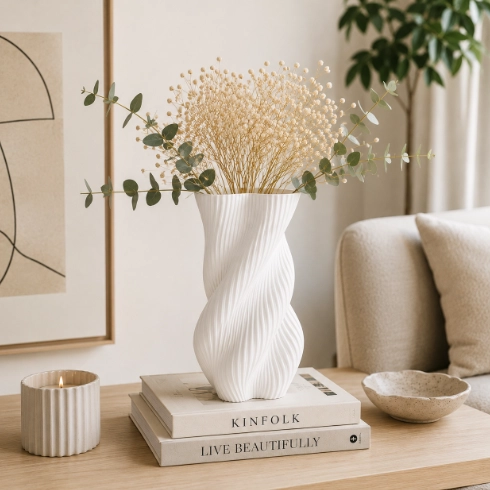 JARRON EN ESPIRAL BEIGE 15 CM MINIMALISTA PARA EL HOGAR - 6