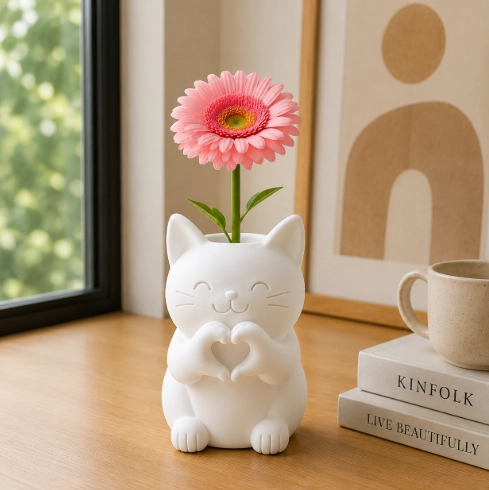 FLORERO ADORNO DE GATO ROSA 12 CM DECORATIVO PARA EL HOGAR - 1