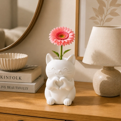 FLORERO ADORNO DE GATO ROSA 12 CM DECORATIVO PARA EL HOGAR - 4