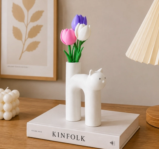 FLORERO PEQUEÑO ADORNO GATO ROSA DECORATIVO PARA HOGAR - 5