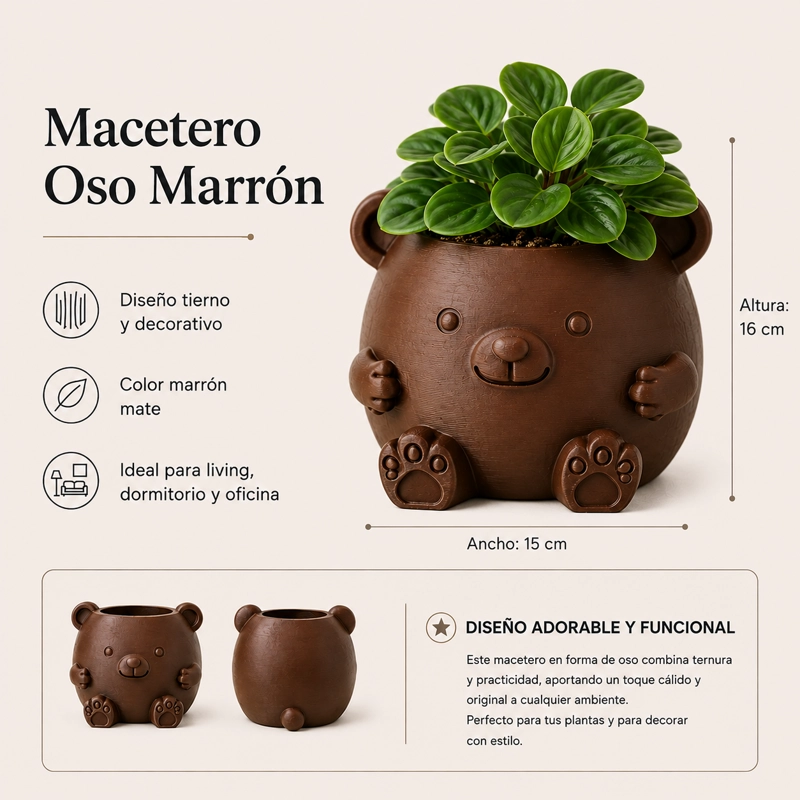 MACETERO DECORATIVO HOGAR- FORMA OSITO 16 CM MARRON - 2