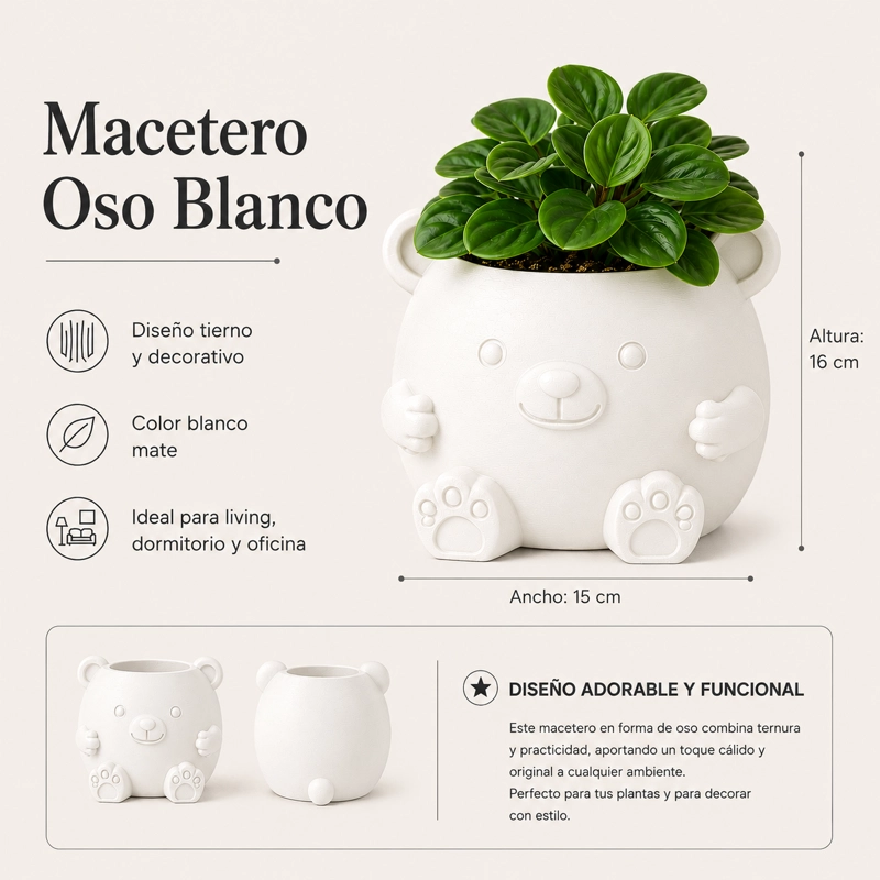 MACETERO DECORATIVO HOGAR- FORMA OSITO 16 CM BLANCO - 2