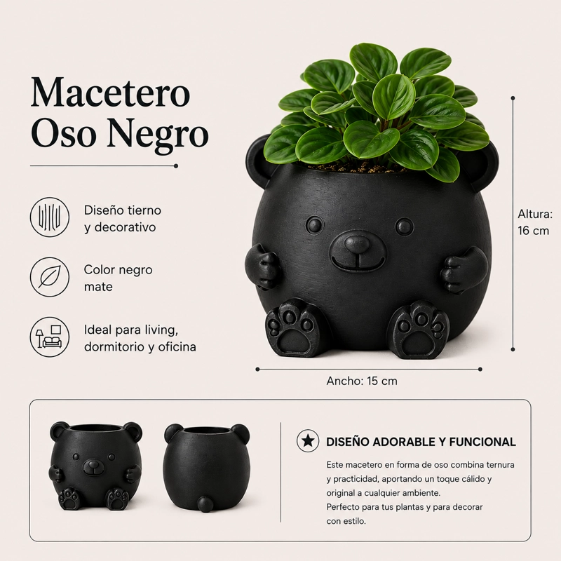 MACETERO DECORATIVO HOGAR- FORMA OSITO 16 CM NEGRO - 2