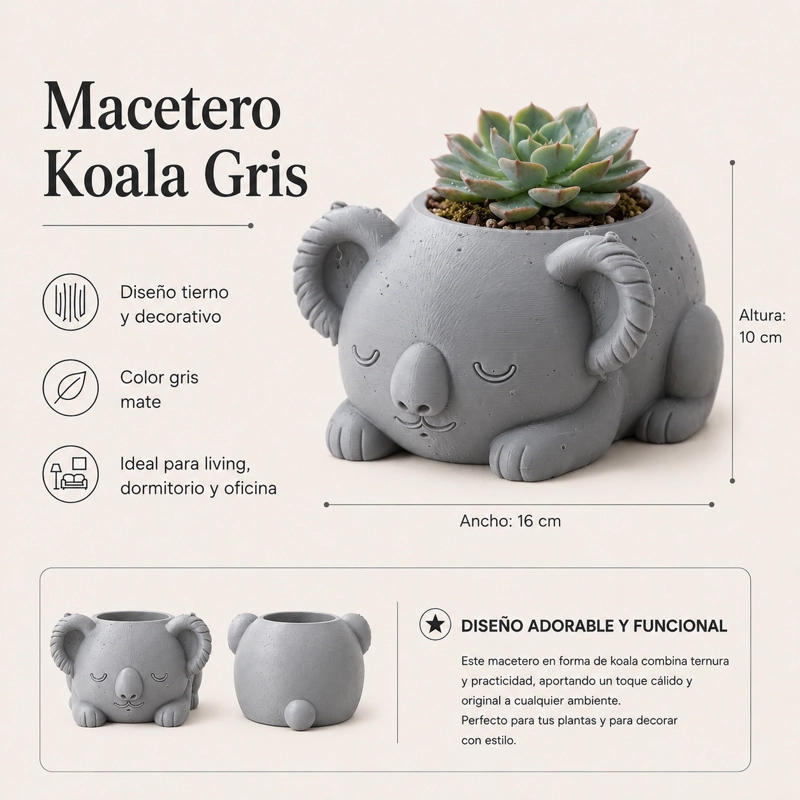 MACETERO DECORATIVO HOGAR- KOALA DURMIENTE 10 CM GRIS - 2