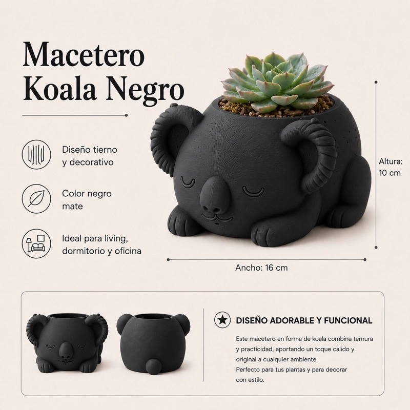 MACETERO DECORATIVO HOGAR- KOALA DURMIENTE 10 CM NEGRO - 2