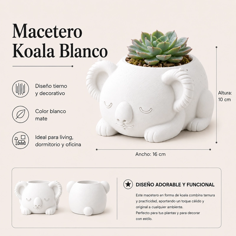 MACETERO DECORATIVO HOGAR- KOALA DURMIENTE 10 CM BLANCO - 2