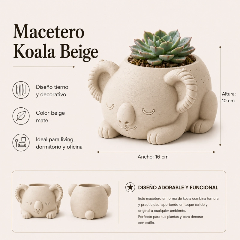 MACETERO DECORATIVO HOGAR- KOALA DURMIENTE 10 CM BEIGE - 2