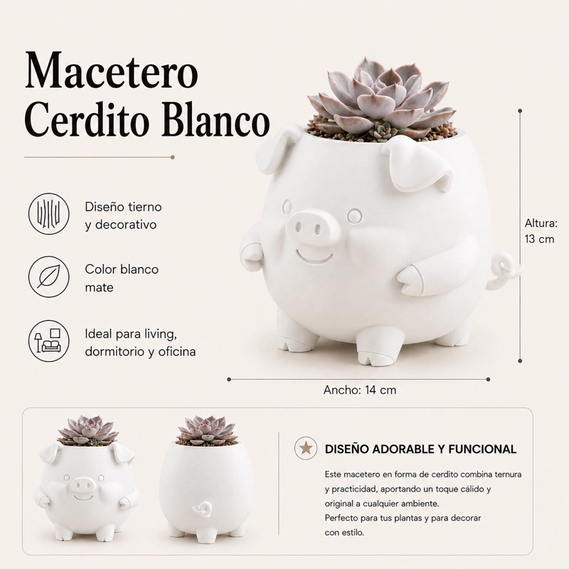 MACETERO DECORATIVO HOGAR- FORMA CERDITO 13 CM BLANCO - 2