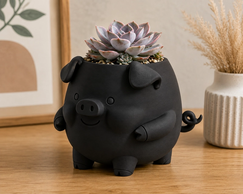 MACETERO DECORATIVO HOGAR- FORMA CERDITO 13 CM NEGRO - 1
