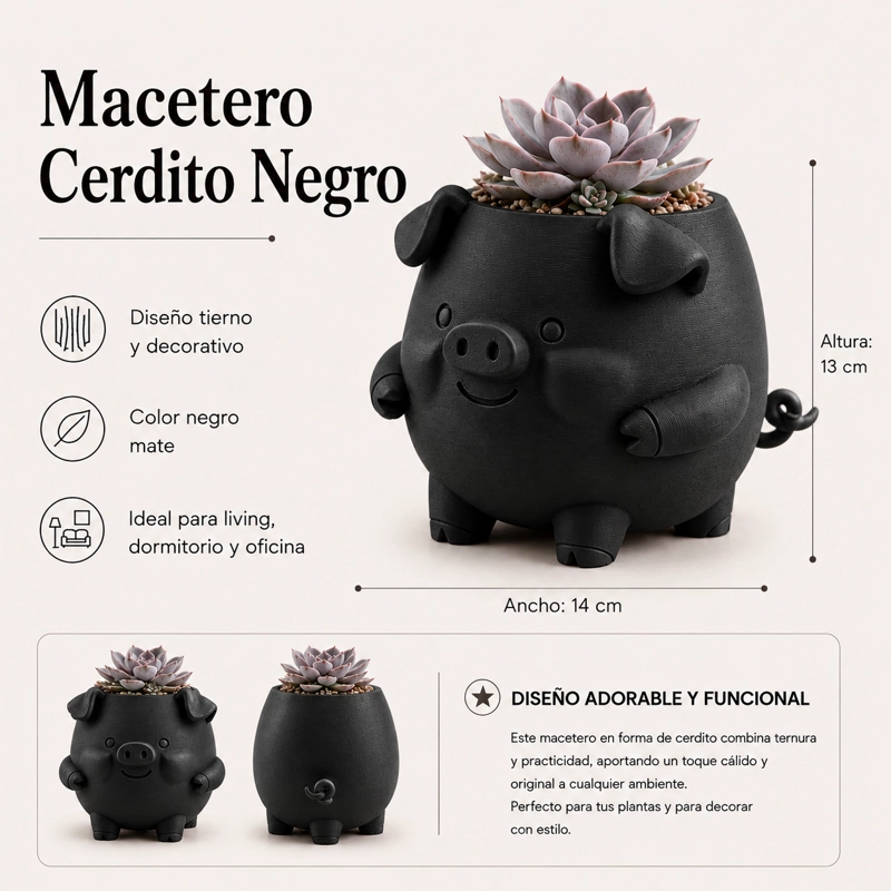 MACETERO DECORATIVO HOGAR- FORMA CERDITO 13 CM NEGRO - 2