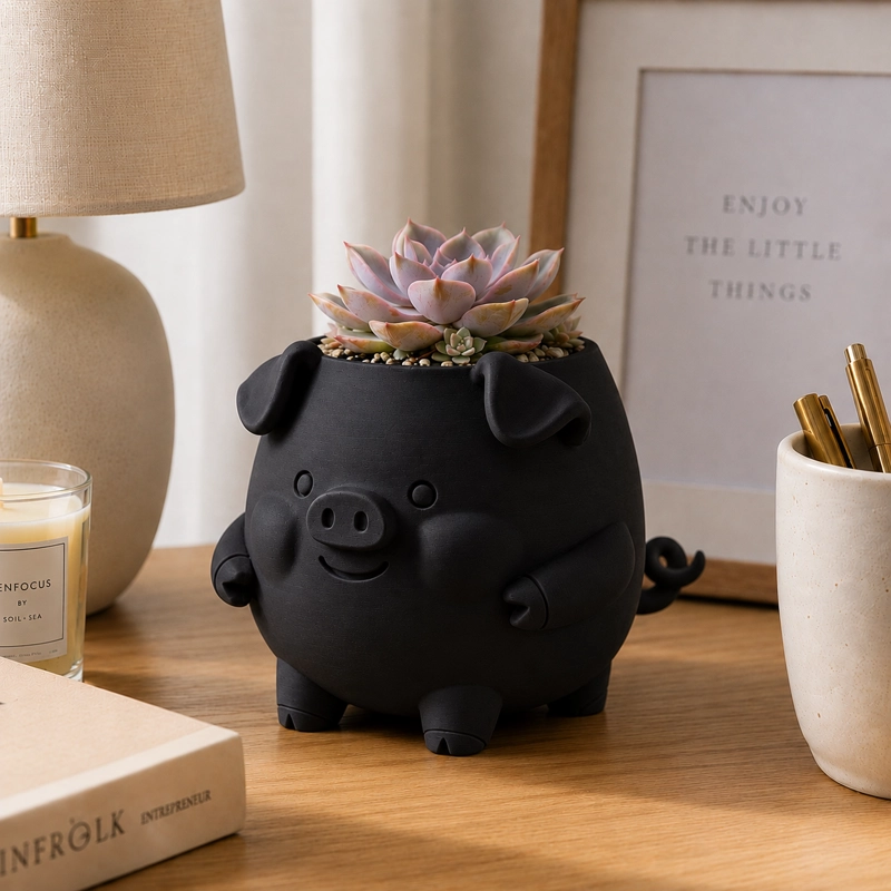 MACETERO DECORATIVO HOGAR- FORMA CERDITO 13 CM NEGRO - 4